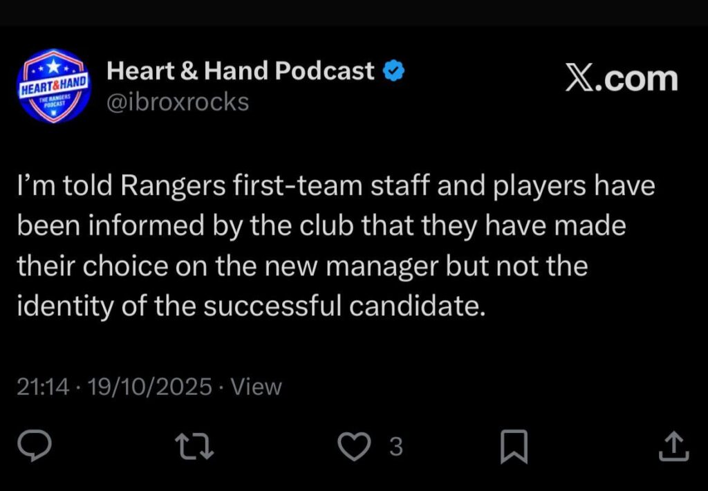 [H&H] I’m told Rangers first-team staff and players have been informed by the club that they have made their choice on the new manager but not the identity of the successful candidate.
