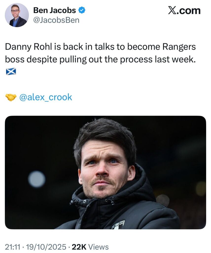 [Ben Jacobs] Danny Rohl is back in talks to become Rangers boss despite pulling out the process last week.