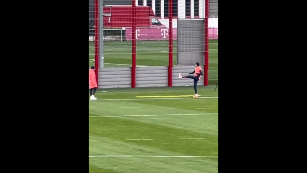 Jamal Musiala working on his recovery at Bayern's training ground with exercises on the pitch