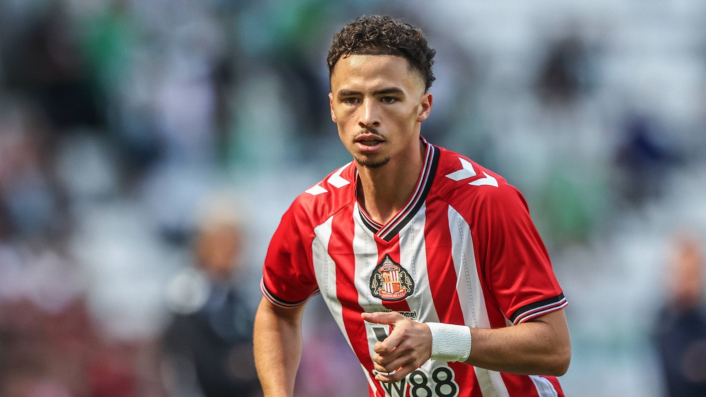 Chemsdine Talbi in Sunderland home kit at the Stadium of Light