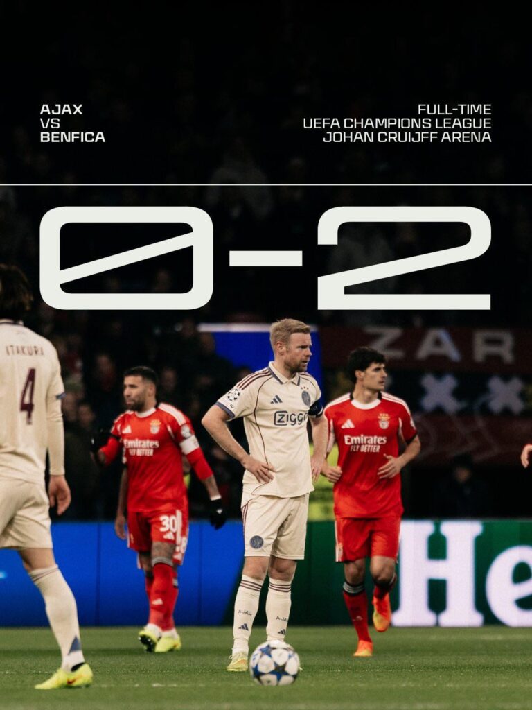 Ajax lose their 5th straight in the CL, and 4th straight overall. Ajax 0-2 Benfica