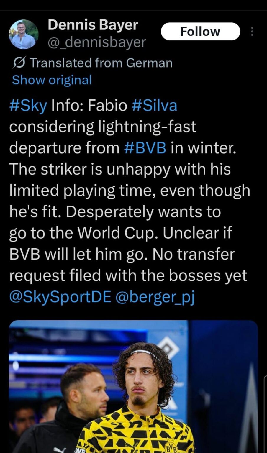 Fabio Silva not happy at BVB.