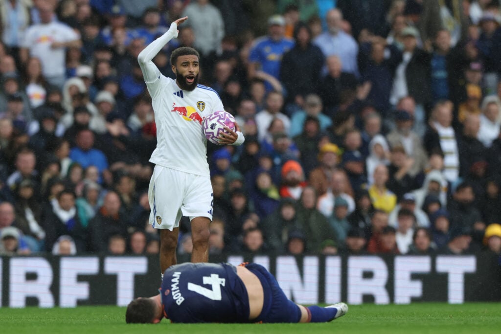 Jayden Bogle of Leeds United protests with referee Peter Bankes