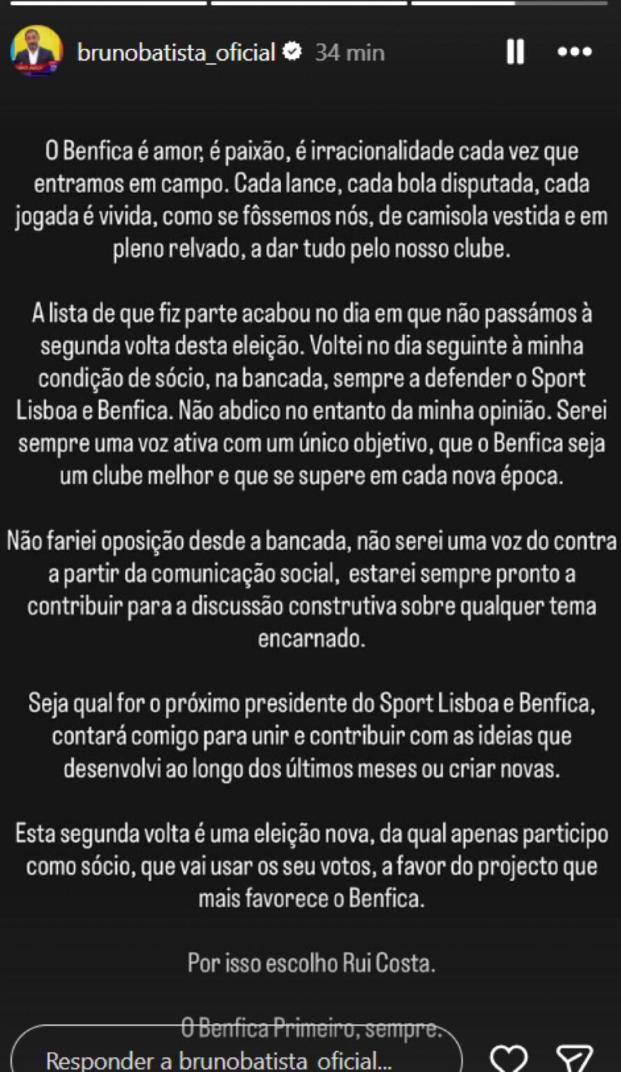 Diretor de Campanha de Luís Filipe Vieira anunciou que vai votar em Rui Costa na segunda volta das eleições do Benfica.