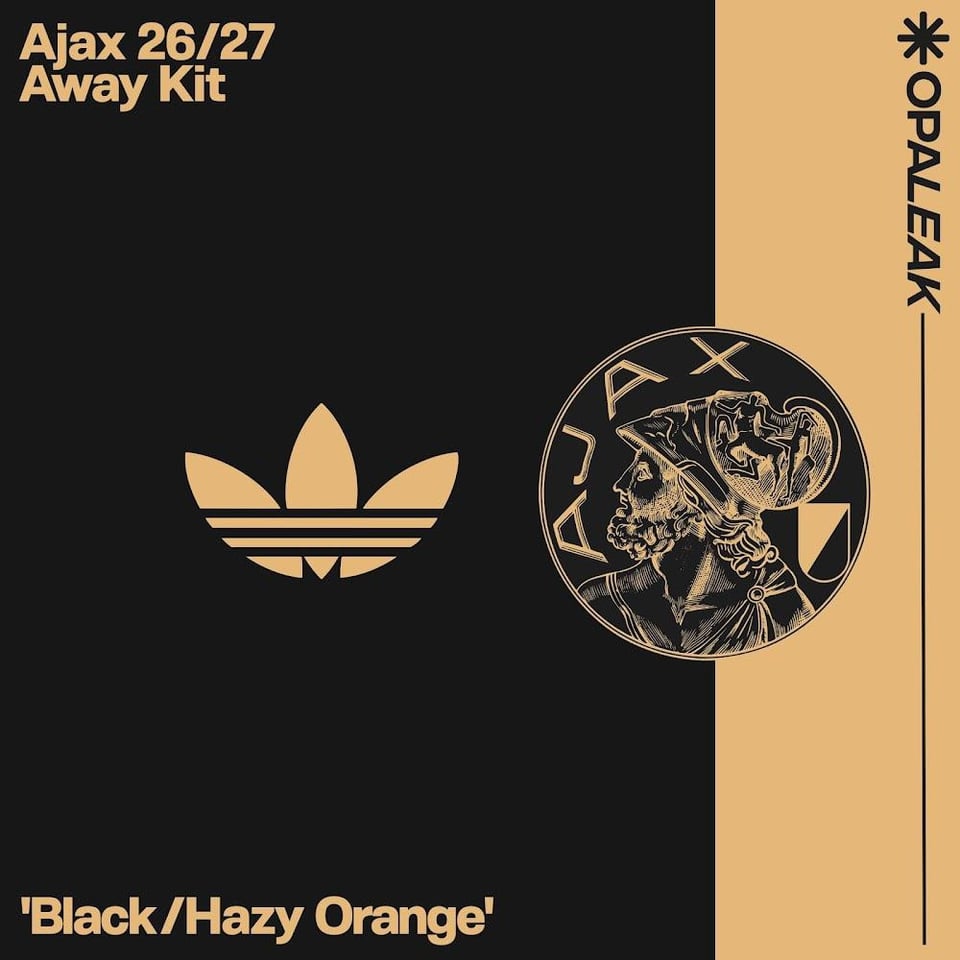 Ajax 26/27 away kit colours will be “black / hazy orange”, with trefoil logo. Third kit will be in the “Sky blue / navy” colours