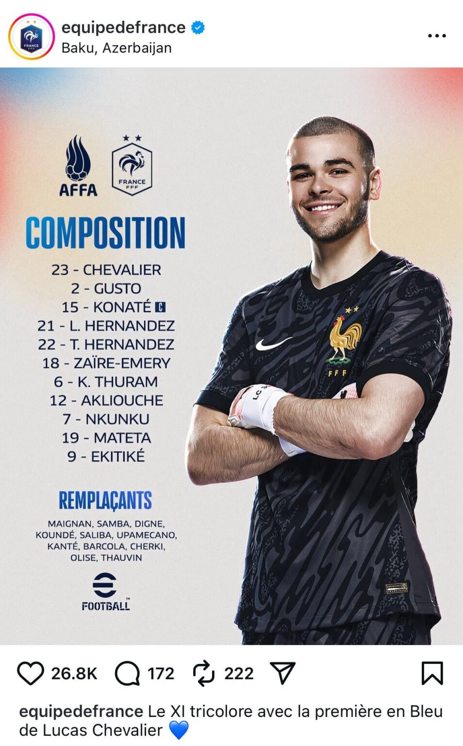 Chevalier with his first start for l’Équipe de France against Azerbaijan