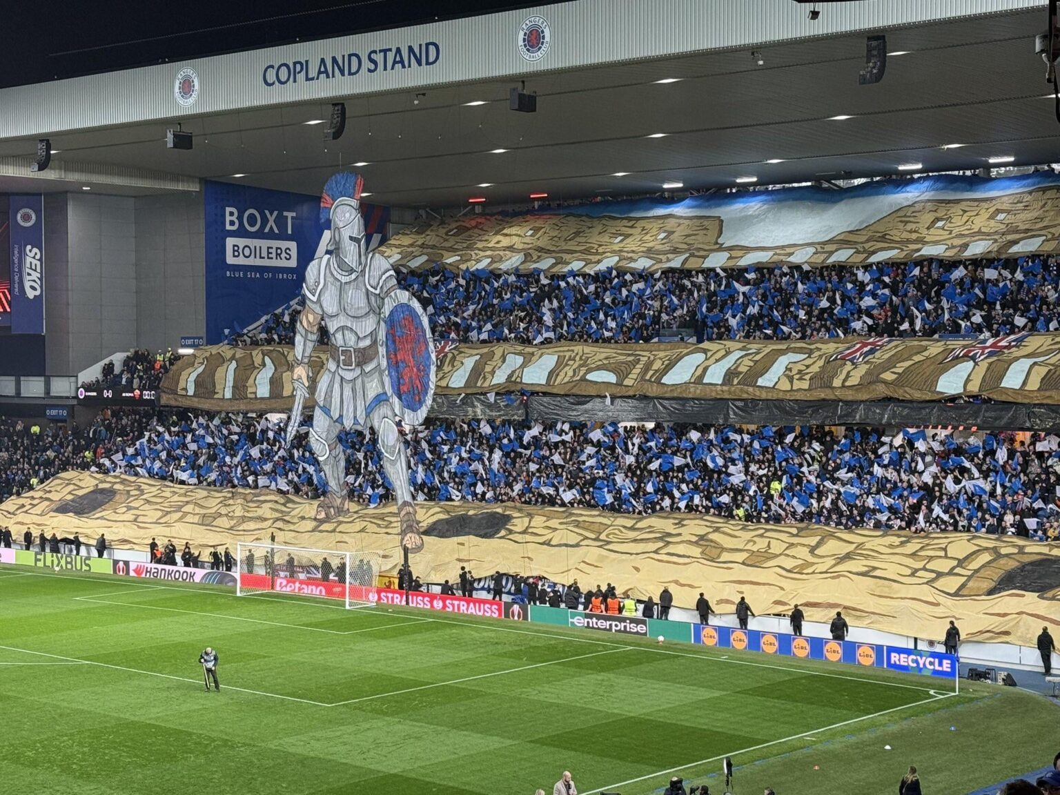 Gladiator-inspired tifo at Ibrox before the game v Roma