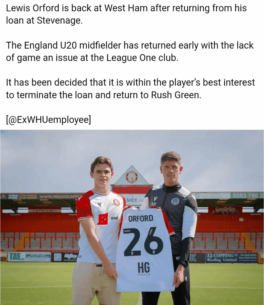 Orford has apparently been recalled from his loan