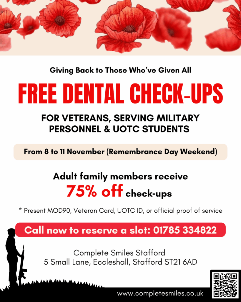 Free dental checkups for veterans and military in Staffordshire area for Remembrance.
