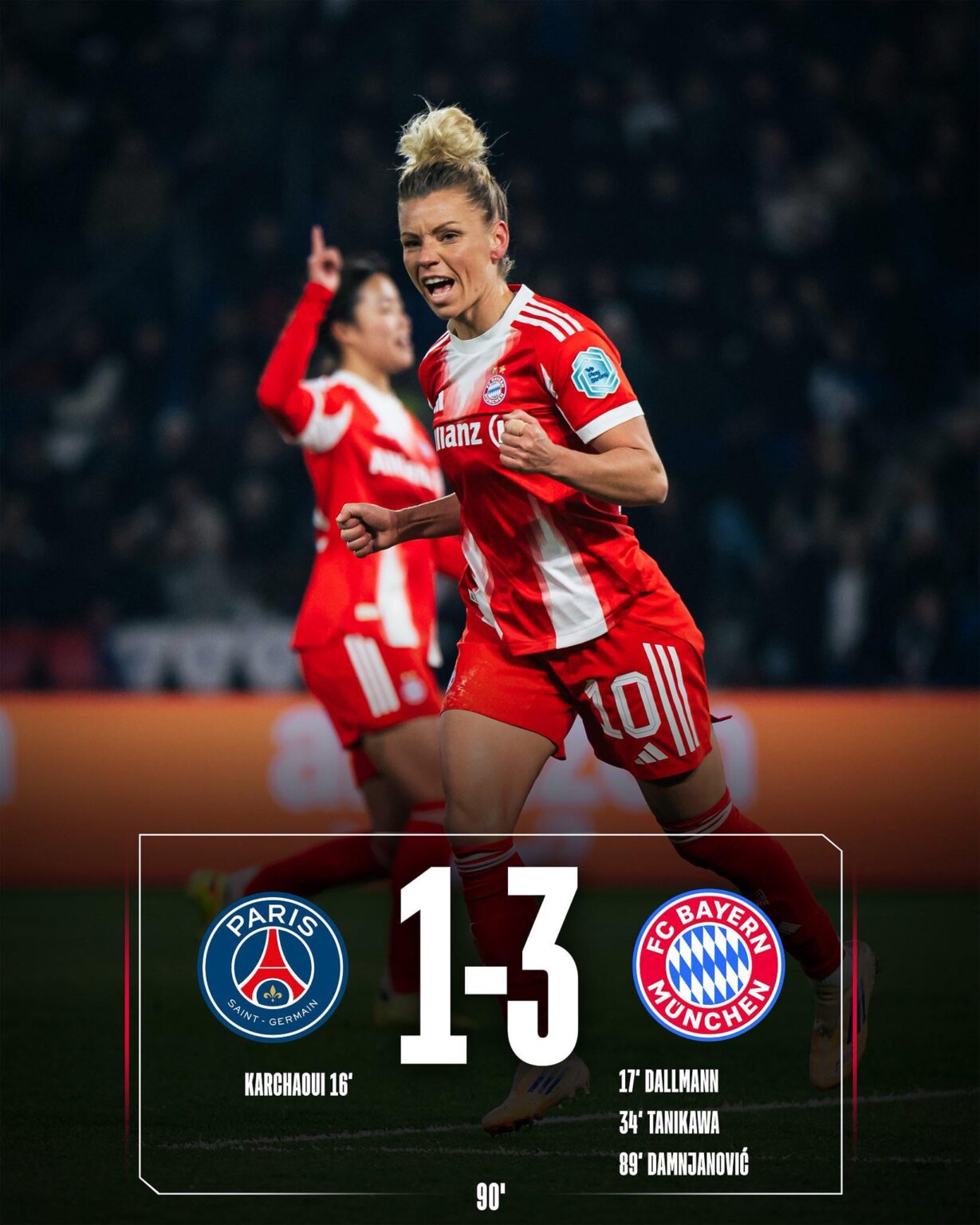 [FC Bayern Women] Our women beat PSG 1:3 in the Champions League after conceding first.