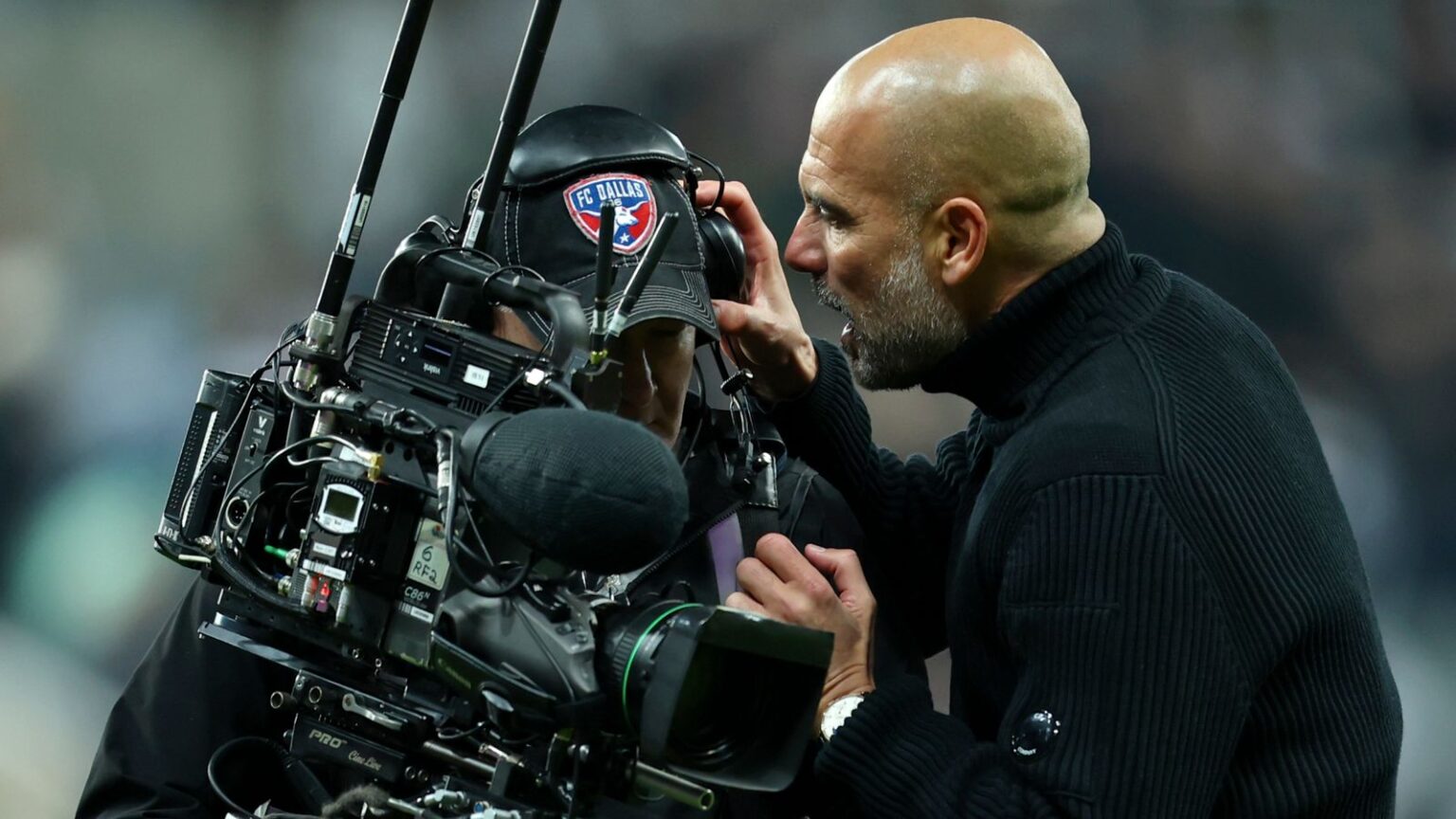 Pep Guardiola confronts a cameraman after Manchester City's defeat to Newcastle United. Pic: Ed Sykes/Sportsphoto/Allstar/Getty
