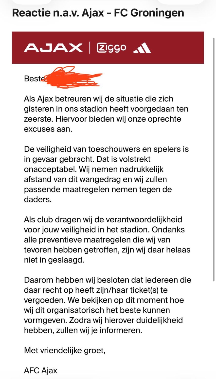 Mail van Ajax voor de mensen in het stadion