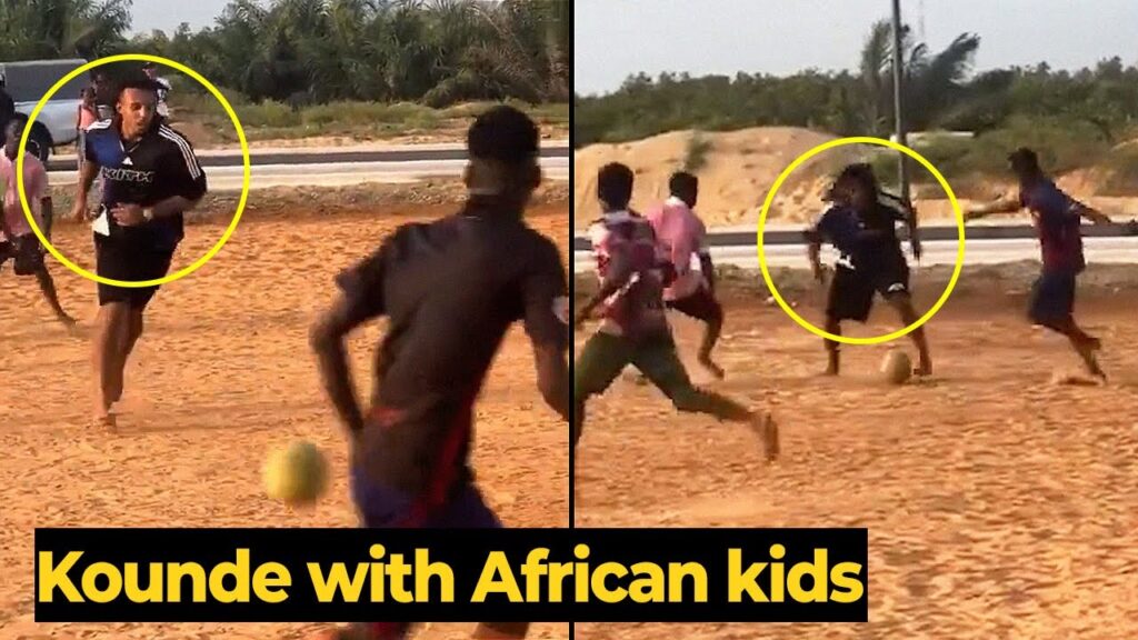 Jules Koundé spends his vacation playing beach football with some kids in Africa