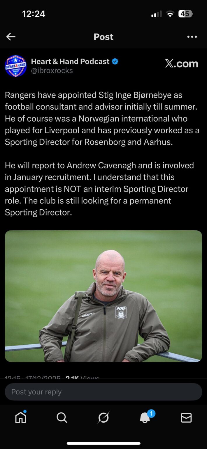 Rangers have appointed Stig Inge Bjørnebye as football consultant and advisor initially till summer