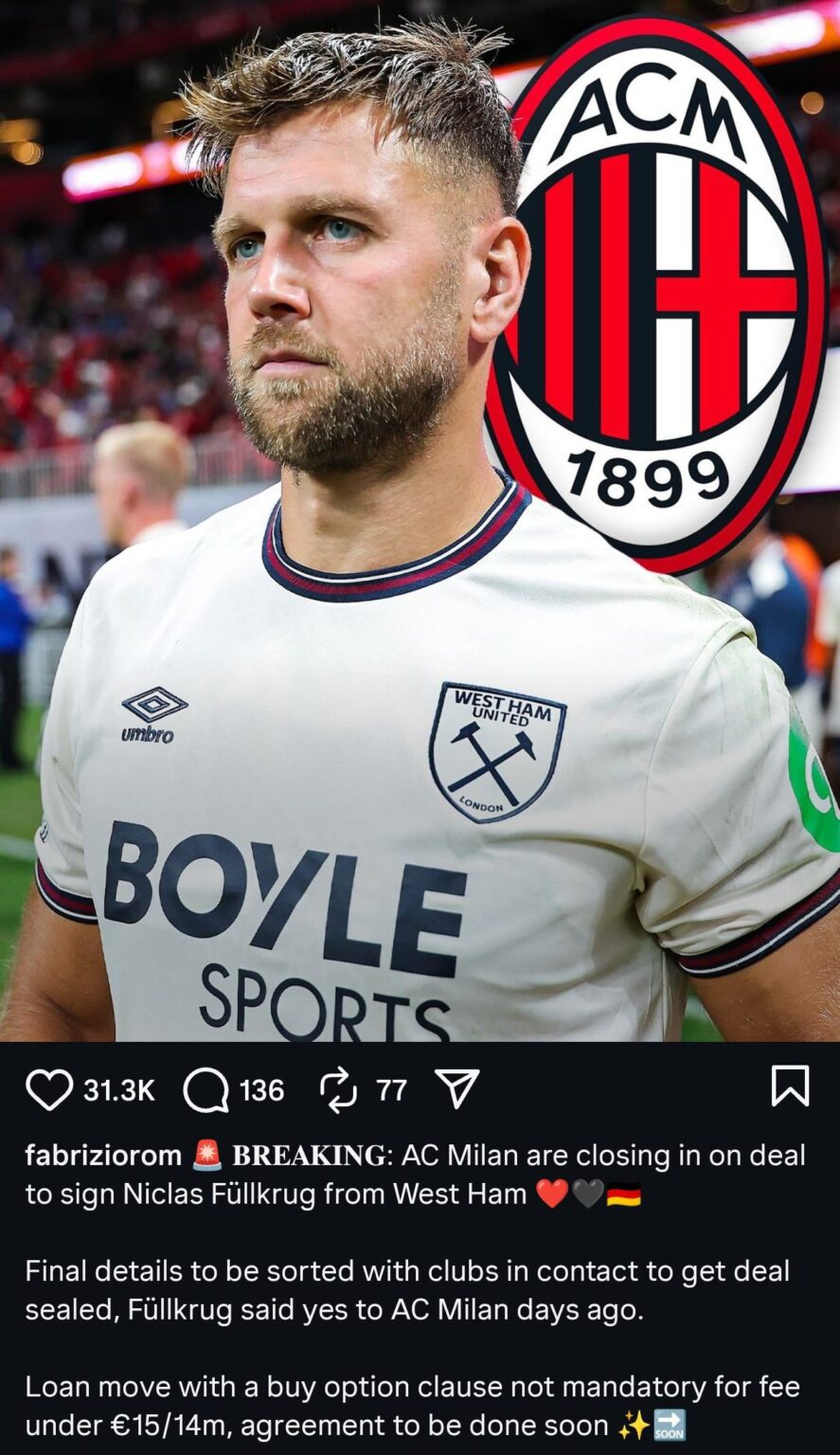 [Romano] 🚨🔴⚫️ AC Milan are closing in on deal to sign Niclas Füllkrug from West Ham. Final details yet to be sorted with clubs in contact to get deal sealed, Füllkrug said yes to AC Milan days ago. Loan move with buy option clause not mandatory for fee under €15/14m. 🔜