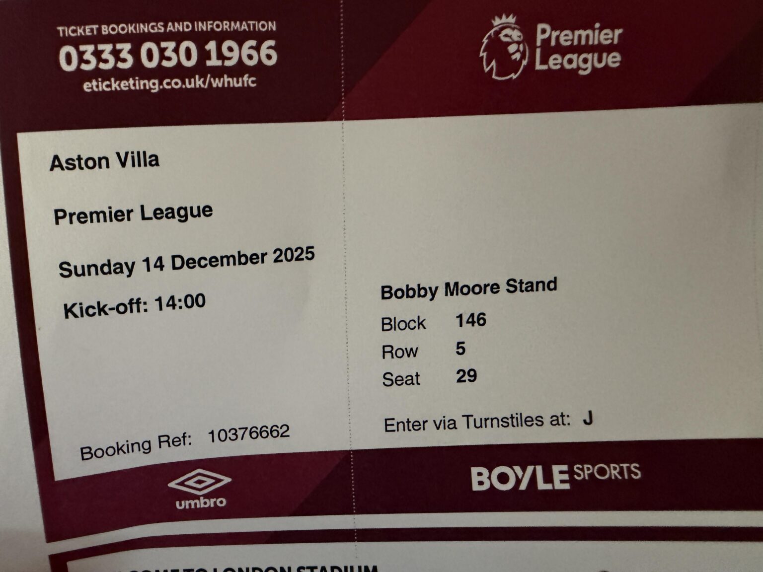 Ticket available for Villa in the BML