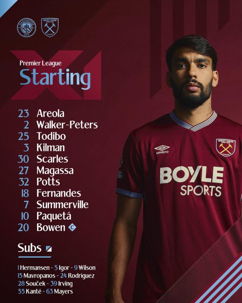 Starting XI for City - Walker Peters and Scarles in for our AFCON fullbacks, Kilman over Mavropanos