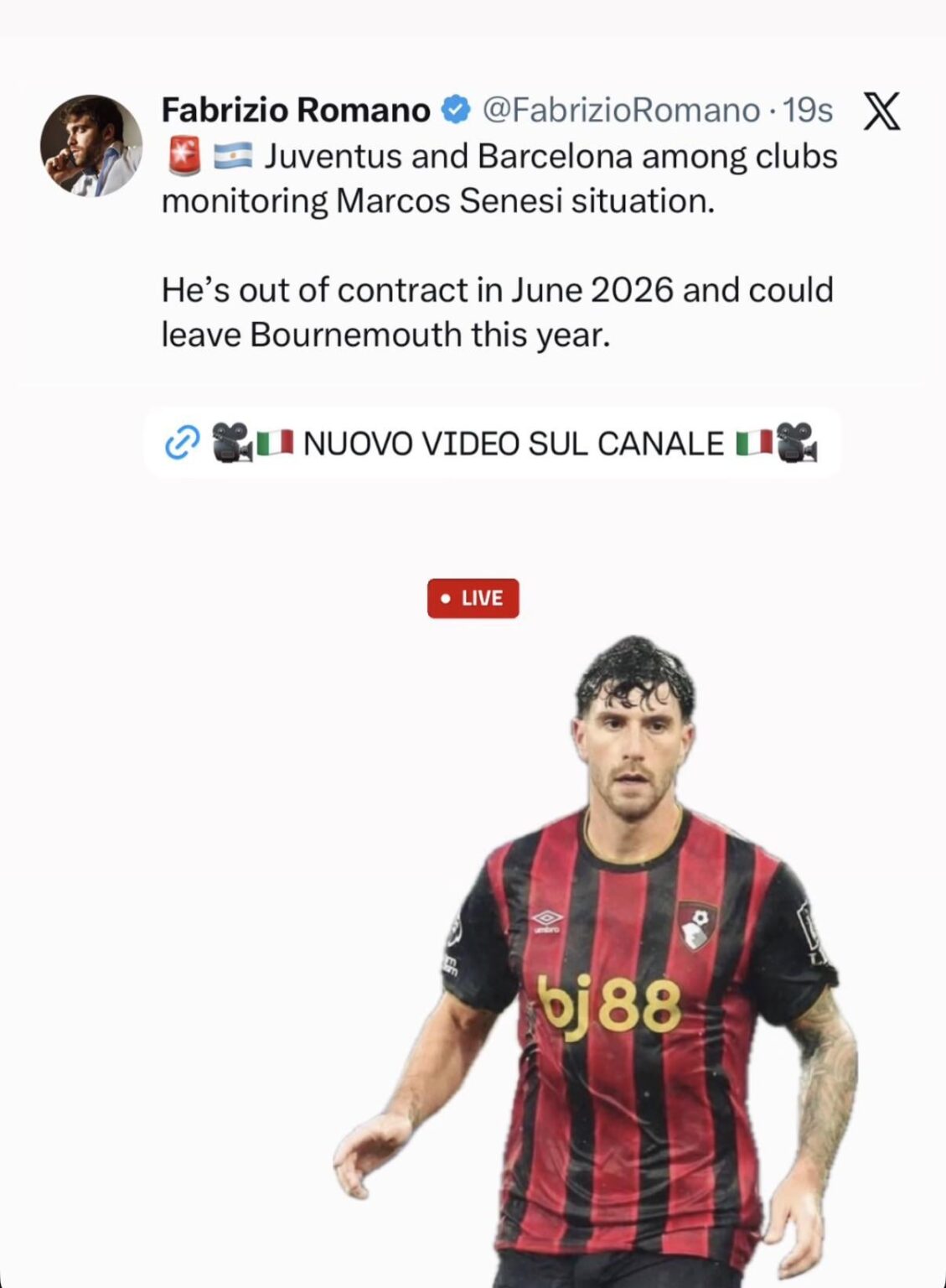 Juventus and Barcelona among clubs monitoring Marcos Senesi situation.