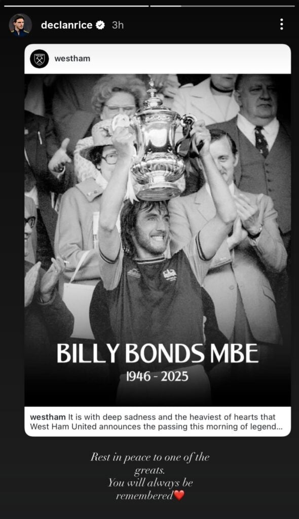Declan Rice tribute to West Ham legend Billy Bonds
