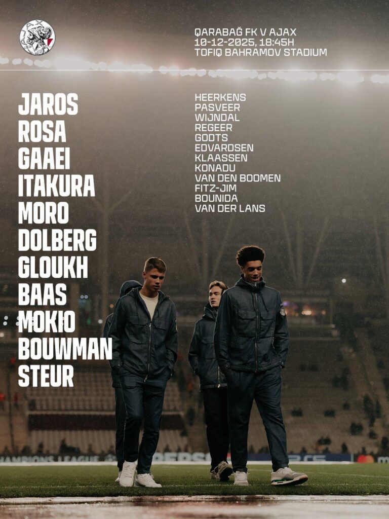 Ajax lineup versus Qarabağ. Bouwman, Mokio, and Steur start!