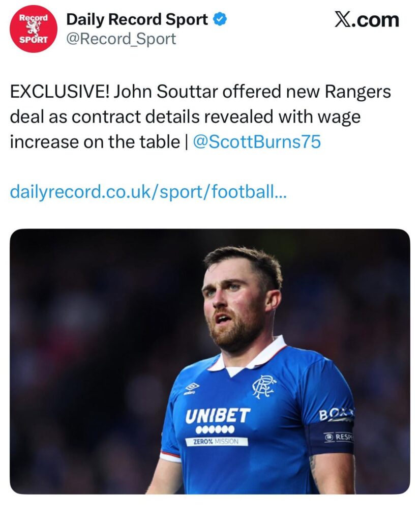 [Scott Burns] John Souttar offered new Rangers contract with wage increase