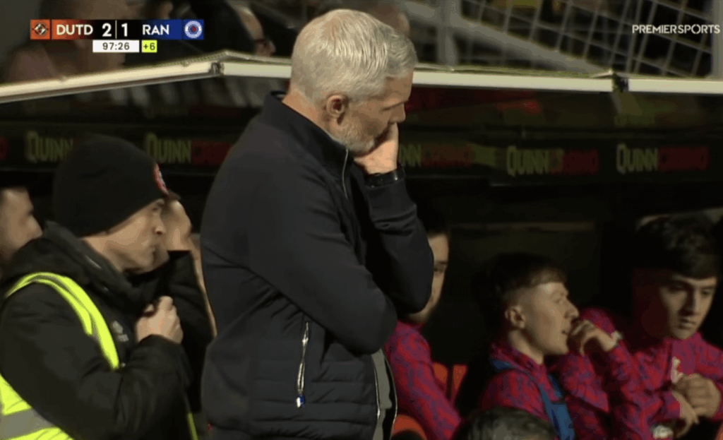 POV - you're Jim Goodwin and you once again fail to defeat Rangers in the final seconds of a match.