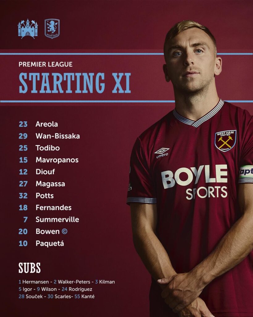 Line up for Villa: Mavropanos, Magassa, Potts, Paqueta start, Kilman on the bench with Wilson