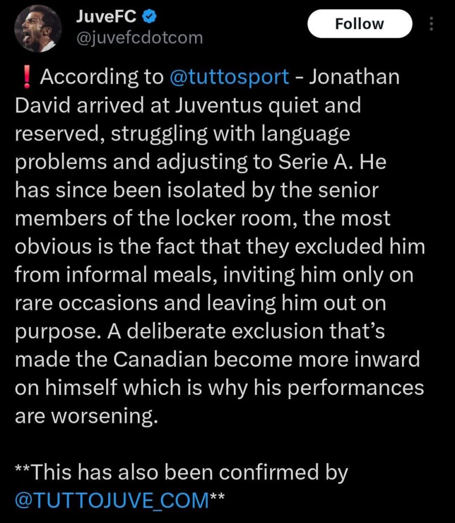 Jonathan David Isolated by teammates (report)