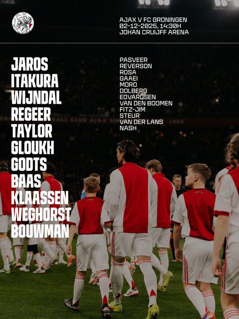One change in Ajax's lineup for the remaining 84 minutes against FC Groningen; Bounida is ill and replaced by Gloukh