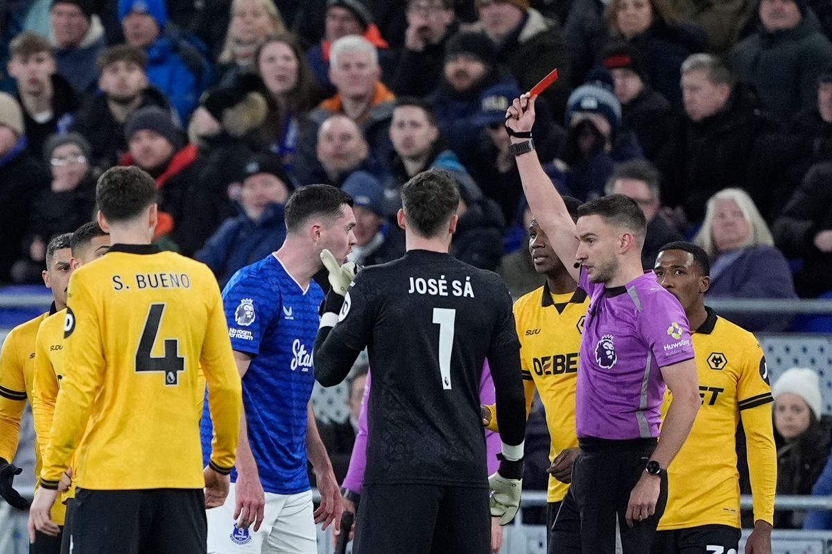 Michael Keane is sent off during Everton's Premier League draw with Wolves