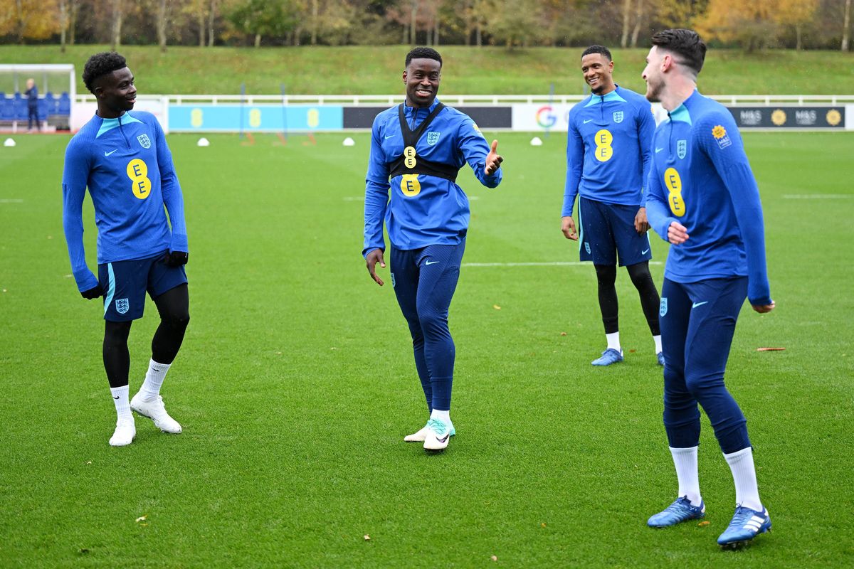 Marc Guehi of England reacts during an England Men Training Session at St Georges Park on November 14, 2023 in Burton-upon-Trent, England