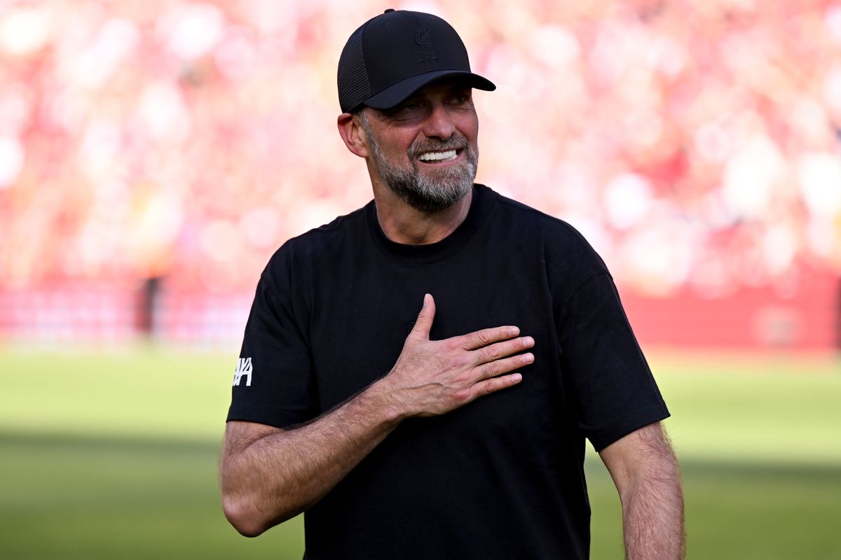 Jurgen Klopp manager of Liverpool at the end of the Premier League match between Liverpool FC and Wolverhampton Wanderers at Anfield on May 19, 2024 in Liverpool, England.