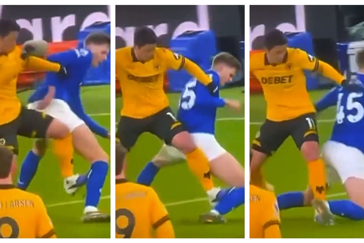Stills from the challenge by Wolverhampton Wanderers' Hwang Hee-Chan on Everton's Harrison Armstrong that went unpunished at Hill Dickinson Stadium despite two sendings off for the Blues