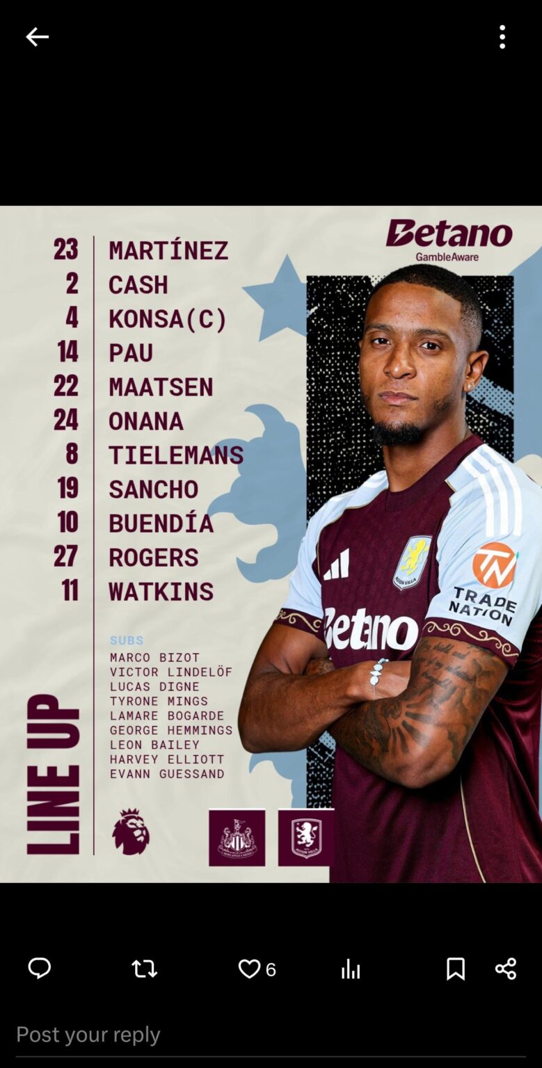 Starting XI vs Newcastle. Onana starts, Bailey and Elliott on the bench.