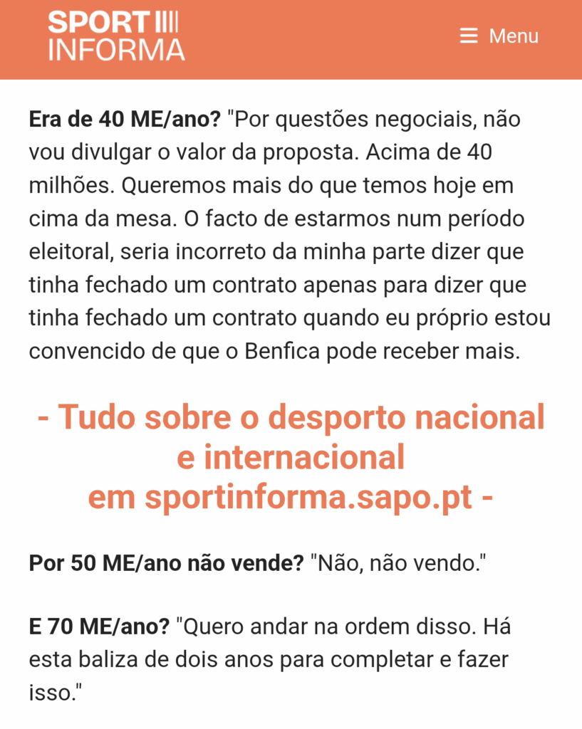 15/10/2025 Rui Costa afirmou que 50M não chegavam