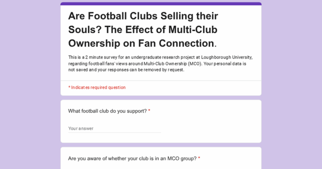 This is a quick 2 minute survey for any football fans looking to make their feelings known about Mult-Club Ownership! And will be a part of an undergraduate research project, thank you.
