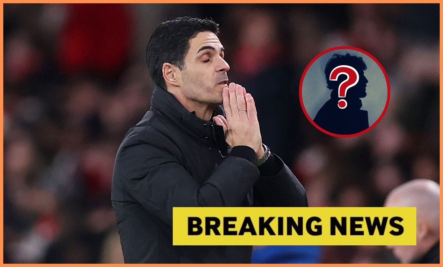 Mikel Arteta reacts, plus 'breaking news' banner
