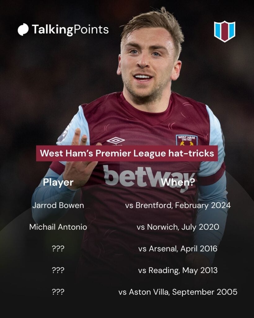Jarrod Bowen of West Ham United celebrates completing his hat-trick by scoring his teams third goal during the Premier League match between West Ham United and Brentford FC at London Stadium on February 26, 2024 in London, England.
