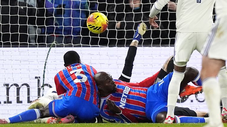 Crystal Palace's Tyrick Mitchell (left) attempts a headed shot towards goal