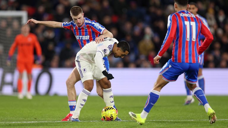 Adam Wharton of Crystal Palace battles for possession with Youri Tielemans of Aston Villa