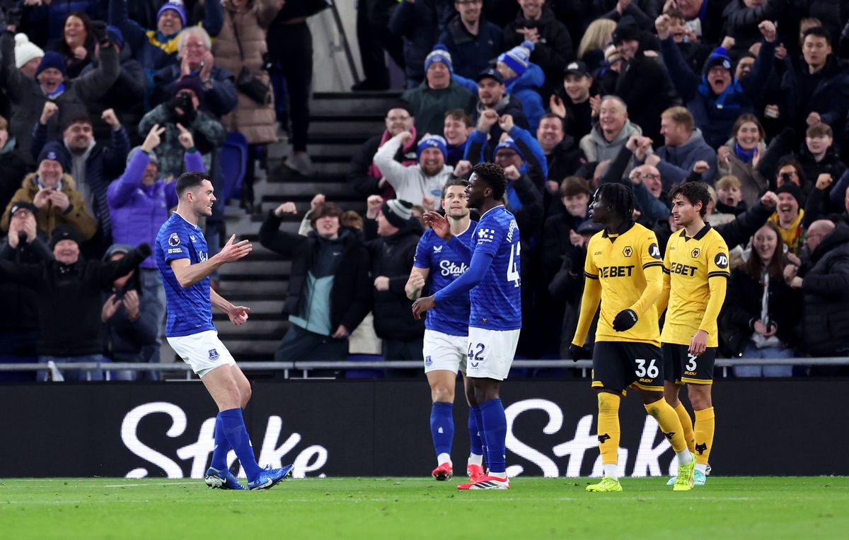 Michael Keane celebrates after scoring against Wolves