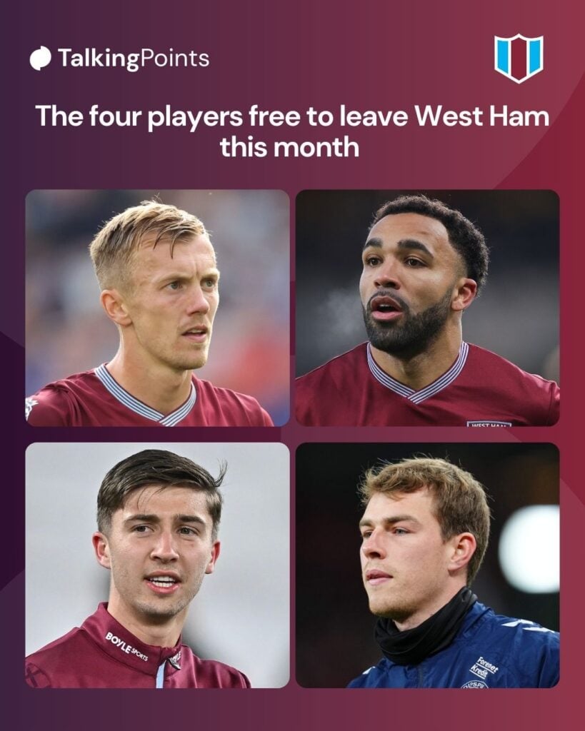 Top left, West Ham United's James Ward-Prowse during the Premier League match between West Ham United and Crystal Palace at London Stadium on September 20, 2025 in London, England. Top right, Callum Wilson of West Ham United during the Premier League match between Wolverhampton Wanderers and West Ham United at Molineux on January 03, 2026 in Wolverhampton, England. Bottom left, George Earthy of West Ham United warms up before the Premier League match between West Ham United and Nottingham Forest at London Stadium on January 6, 2026 in London, England. Bottom right, Mads Hermansen of Denmark looks on during the UEFA World Cup qualification match between Denmark and Belarus at Parken Stadium, Copenhagen, Denmark on November 15, 2025.