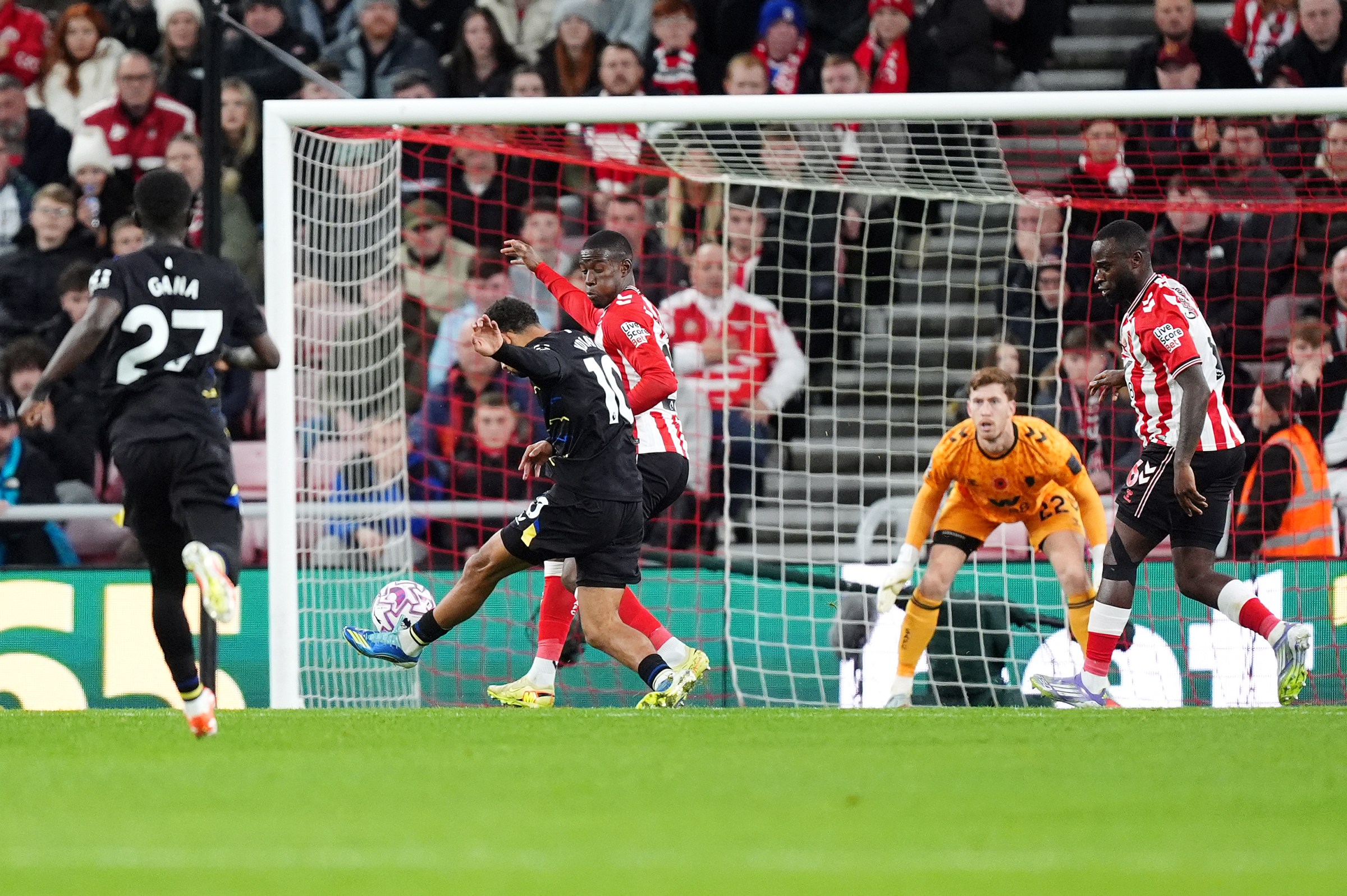 Everton’s Iliman Ndiaye scores their side’s first goal. (Photo by Mike Egerton/PA Images via Getty Images)