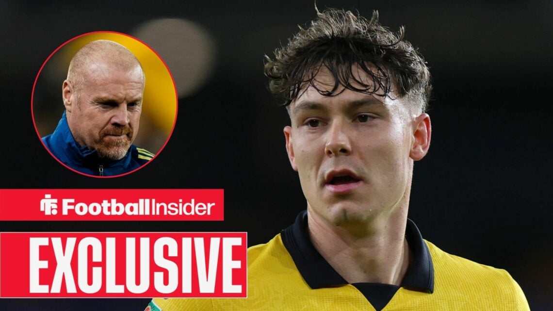Football Insider exclusive as Jorgen Strand Larsen is in action for Wolves, as Nottingham Forest manager Sean Dyche watches from a circular inset.