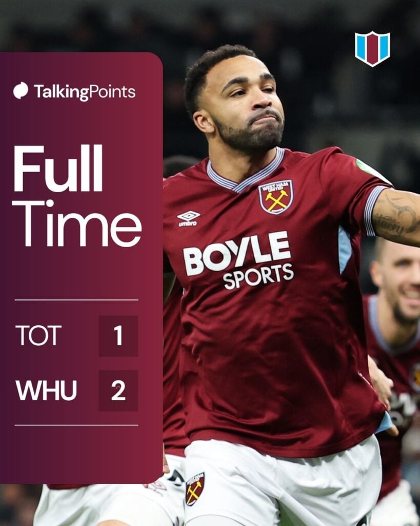 A graphic showing the full-time score between West Ham and Tottenham (2-1) in the Premier League on 17/01/2026.