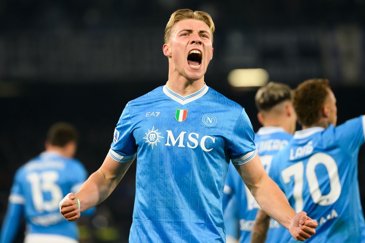 Rasmus Hojlund celebrates scoring for Napoli