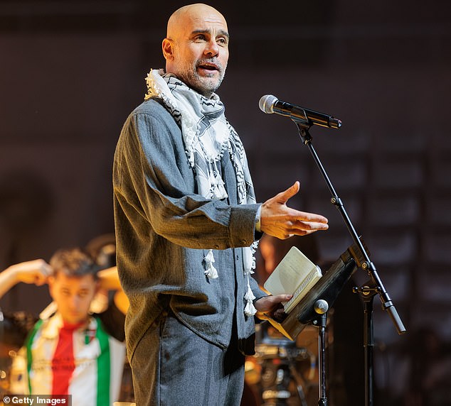 Pep Guardiola turns political activist to give passionate pro-Palestine speech while wearing a keffiyeh in Barcelona on his day off from work at Man City Pep Guardiola turns political activist to give passionate pro-Palestine speech while wearing a keffiyeh in Barcelona on his day off from work at Man City