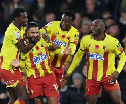 Mamadou Doumbia celebrates with his Watford teammates