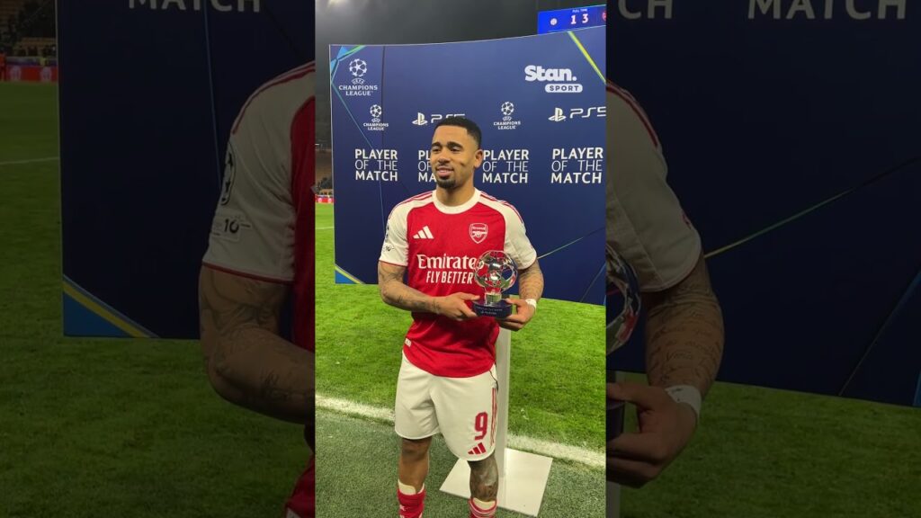 Gabriel Jesus celebrates with Player of the Match award in Milan 🏅🔥 #UCL #Arsenal