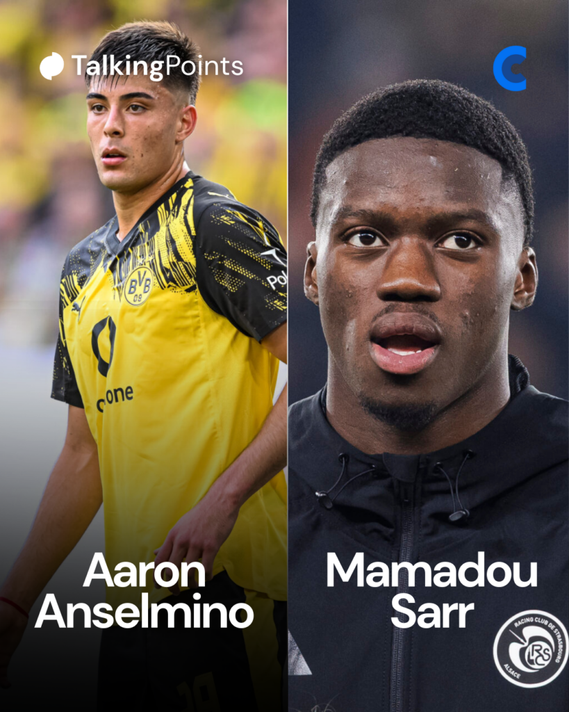 Borussia Dortmund's Aaron Anselmino and Strasbourg's Mamadou Sarr